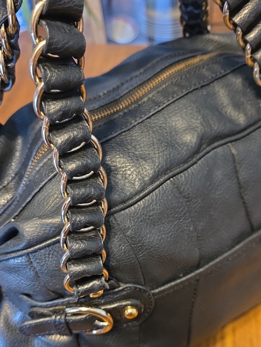 bebe Black Leather Shoulder Bag with Gold Chain Accents - Picture 6 of 16
